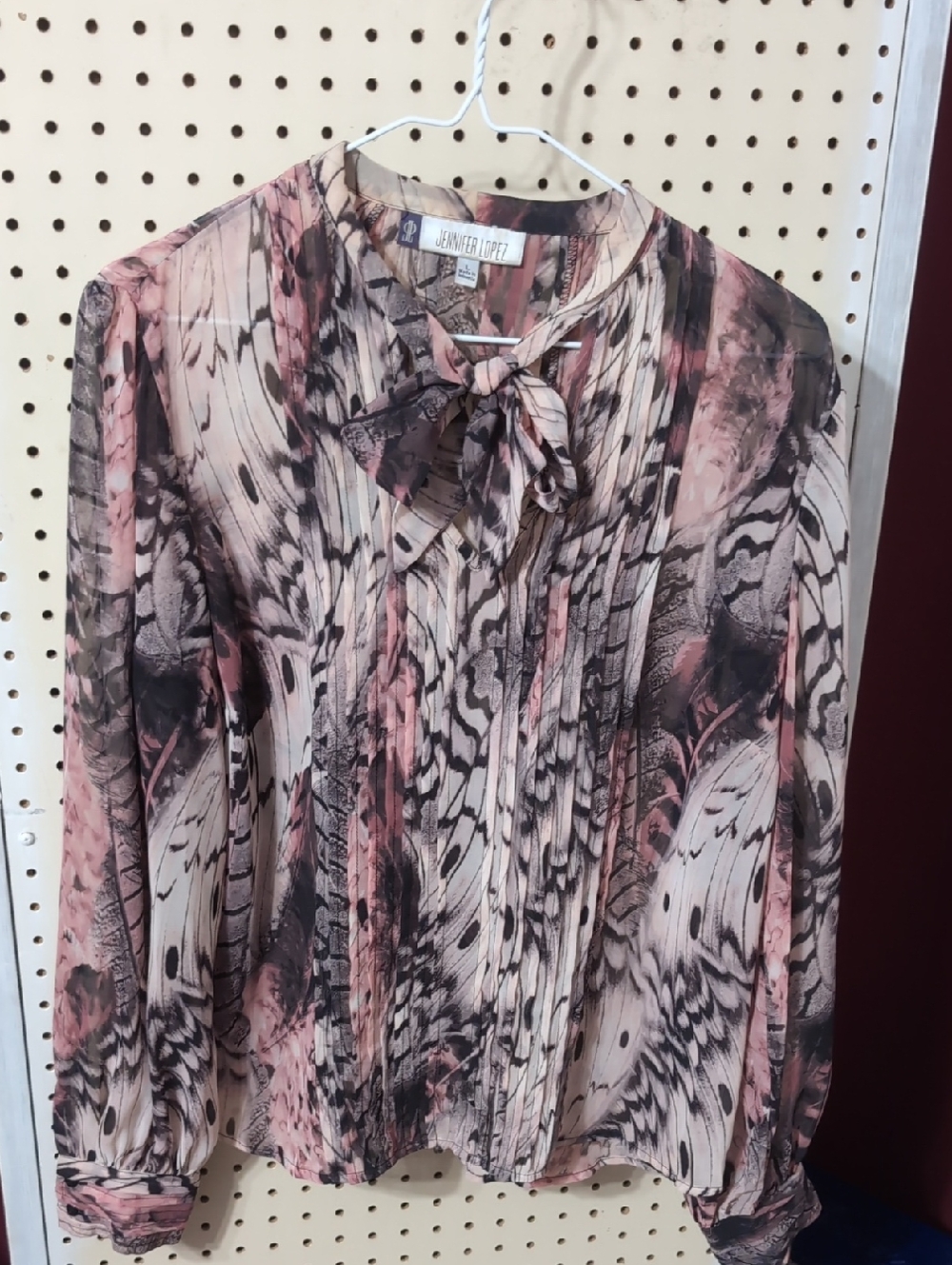 Jennifer Lopez Pink and Black Feather-Print Tie-Neck Blouse